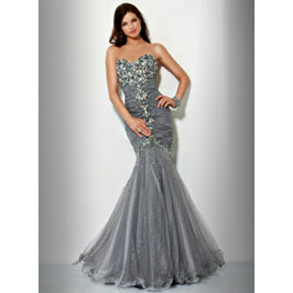 Silver Strapless Beaded Mermaid Trumpet Prom Dress - Picture 1 of 5